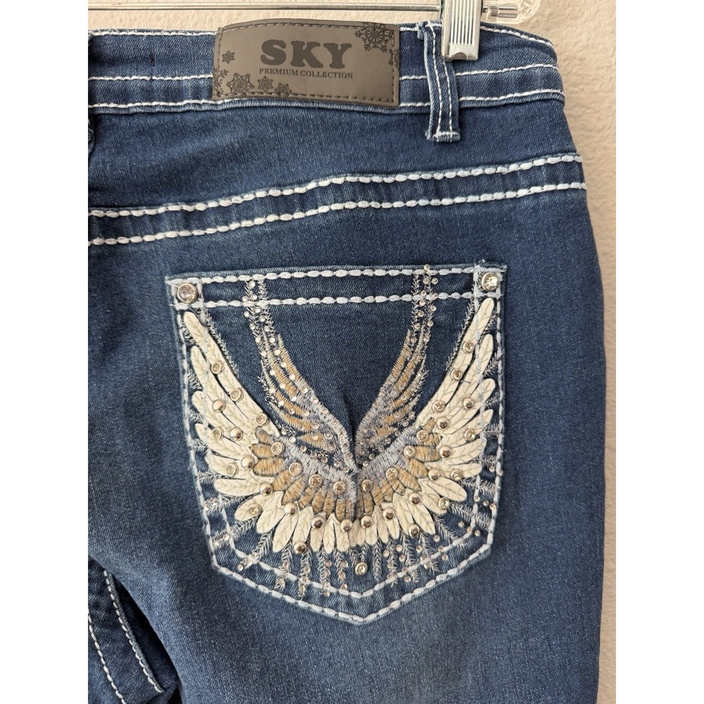 SKY Premium Denim Womens Embellished Bootcut Jeans Blue 15/16 Y2K Wing Pocket
